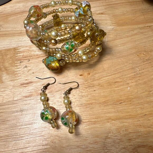 Gold and Yellow Wrap Bracelet and Earring Set, Handmade, Unique - Picture 1 of 5